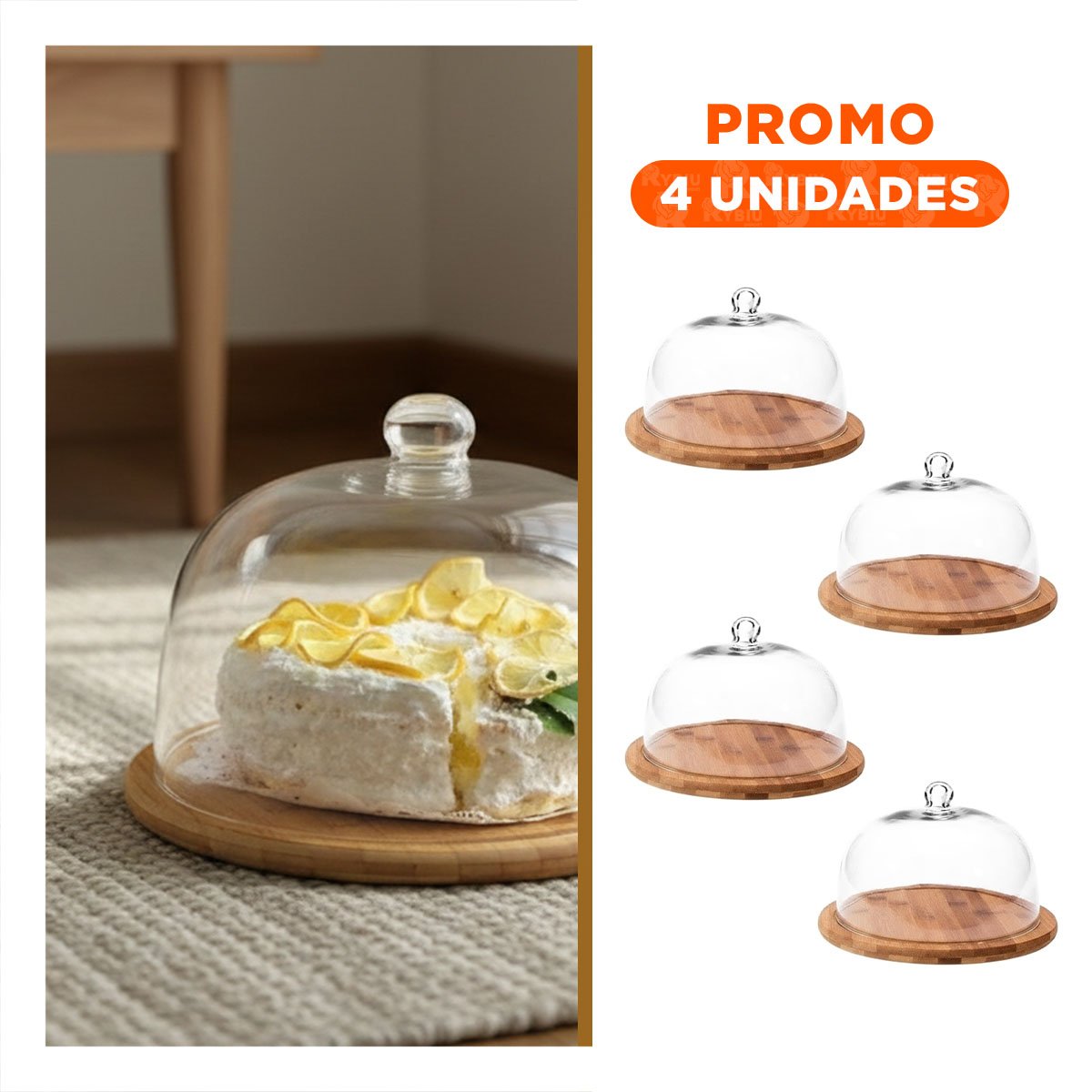 PACK4 BANDEJA MADERA 19CM CON CUPULA DE COLOR TRANSPARENTE DE PLASTICO - 1