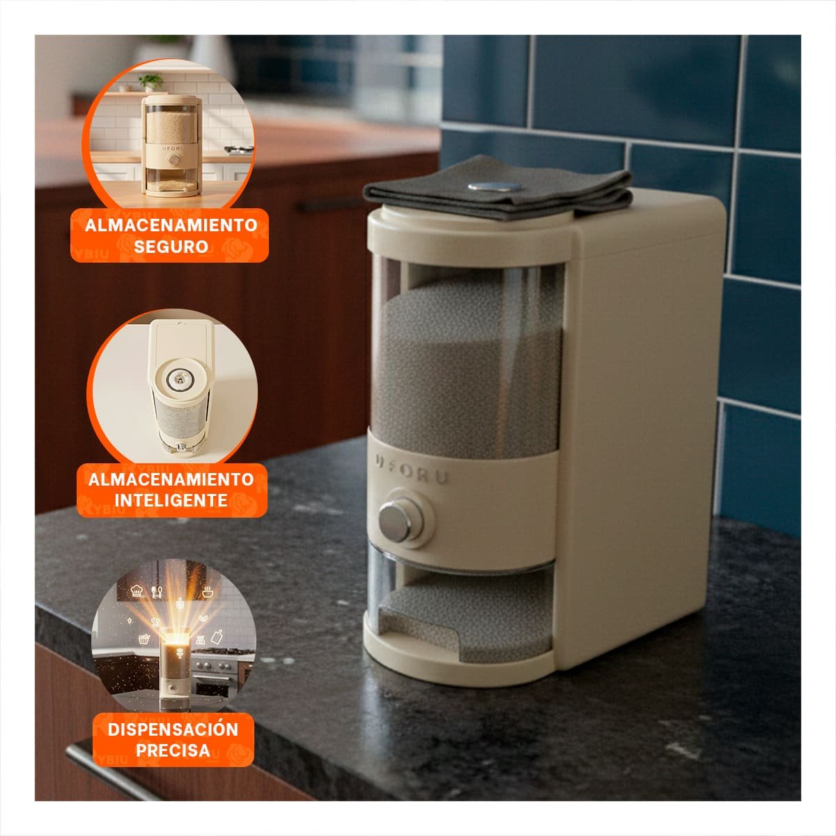DISPENSADOR DE GRANOS 5L TRANSPARENTE Y CREMA PARA COCINA HOGAR YPOST IT - 5