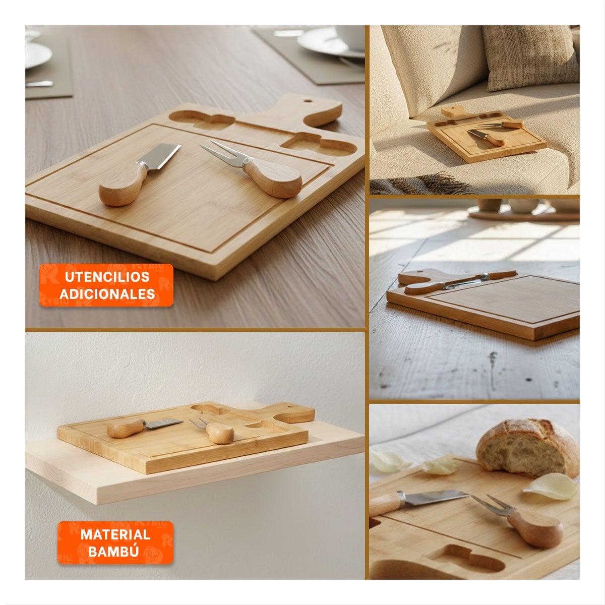 TABLA DE MADERA BAMBU CON 2 UTENSILIOS RECTANGULAR PARA PREPARAR COMIDAS YLIGAS REGALO - 1