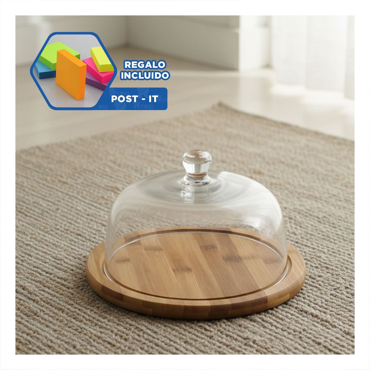 PACK2 BANDEJA 19CM CON CUPULA DE PLASTICO DE COLOR TRANSPARENTE BASE MADERA YREGALO STICKER - 1