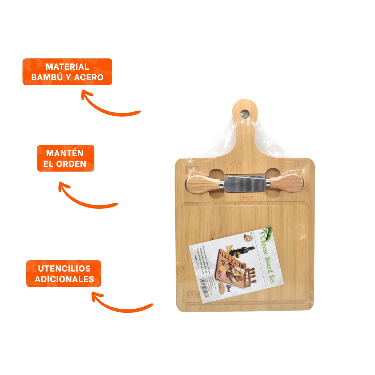 TABLA DE MADERA BAMBU RECTANGULAR CON 2 UTENSILIOS INCLUIDOS FUNCIONAL YPAPEL REGALO - 5