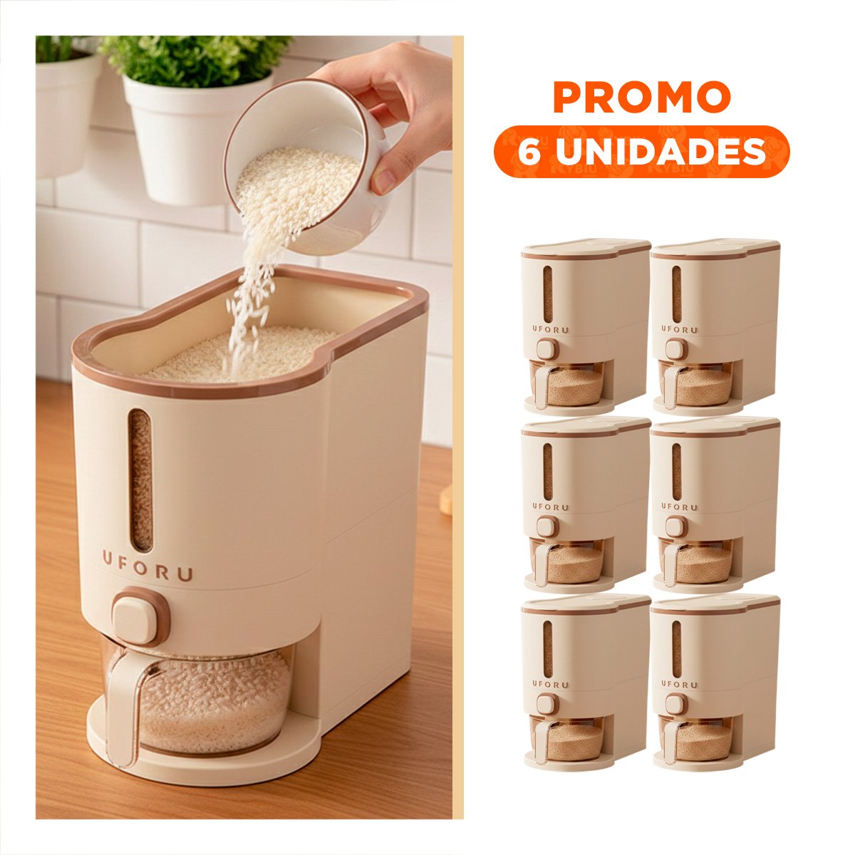 PACK6 CONTENEDOR DE GRANOS MARRON Y CREMA 5L PARA COCINA Y COMEDOR YREGALO STICKER - 1
