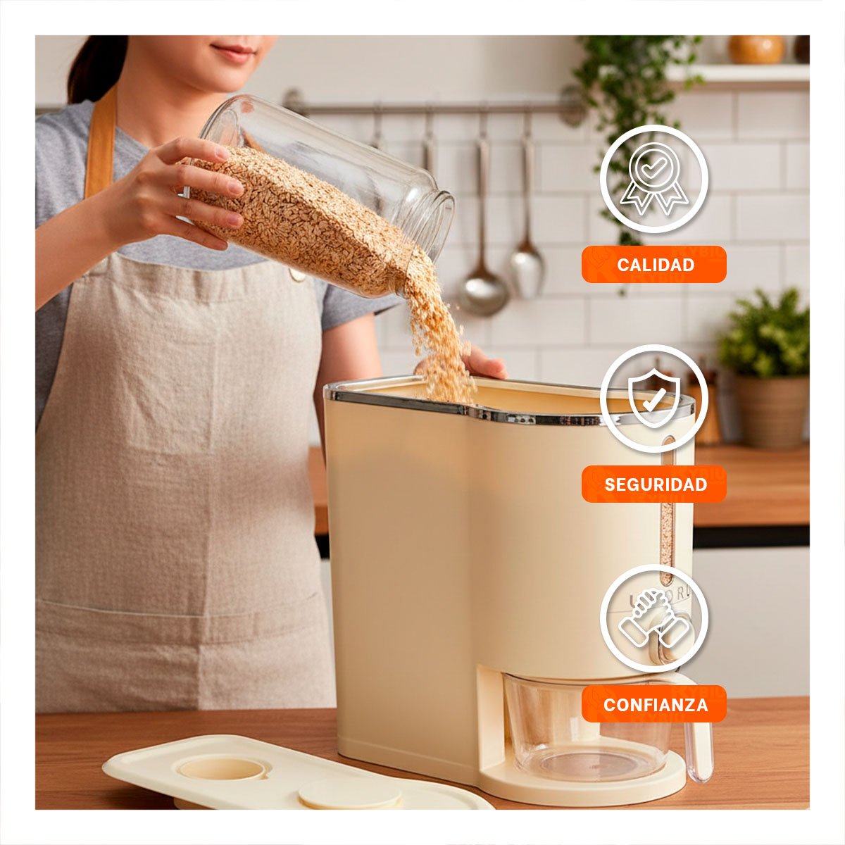 DISPENSADOR DE GRANOS 5L PLATEADO Y CREMA PARA COCINA HOGAR YSTICKY - 5