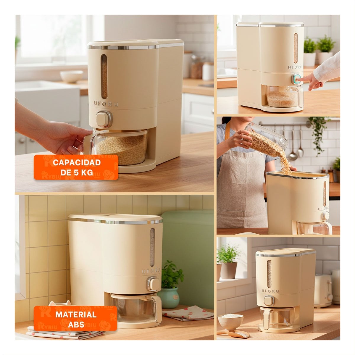 PACK6 BASE DE DISPENSADOR DE GRANOS CREMA 5L PLATEADO USO DIARIO YPAPEL REGALO - 3