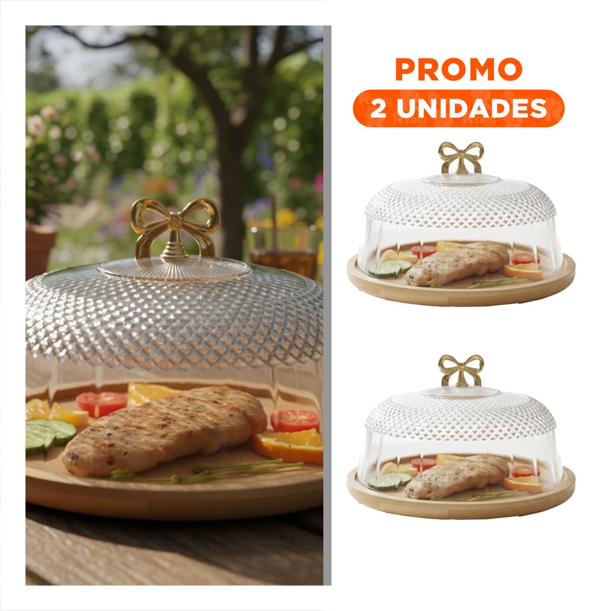 PACK2 CONTENEDOR CON CUPULA Y LAZO DORADO TRANSPARENTE 31,5X18,5CM PARA MESA YREGALO STICKER - 1