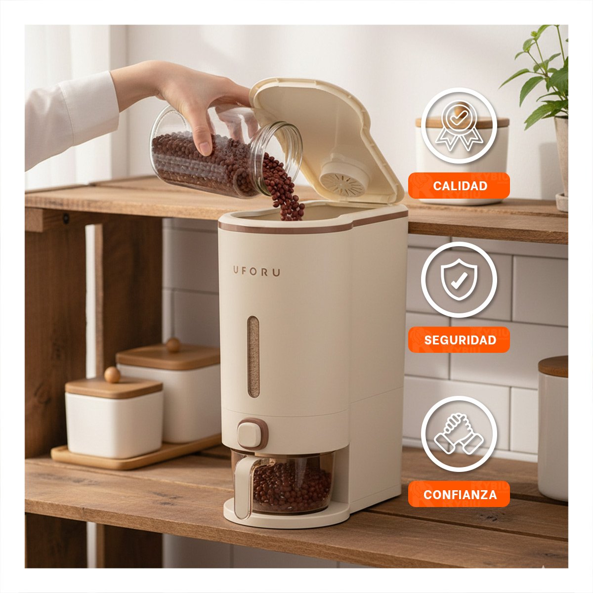 DISPENSADOR DE GRANOS 10L MARRON Y CREMA PARA COCINA HOGAR YSTICKY - 5
