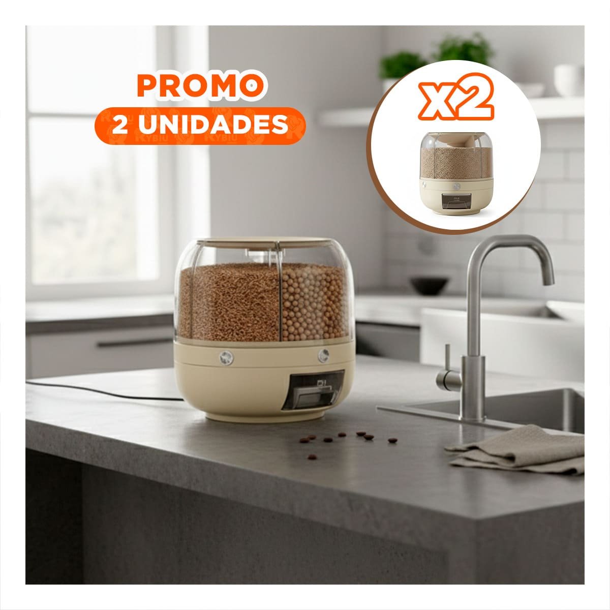 PACK2 RECIPIENTE CREMA DE 27X27CM GIRATORIO PARA DISPENSAR DE GRANOS DECORATIVA YPAPEL REGALO - 1