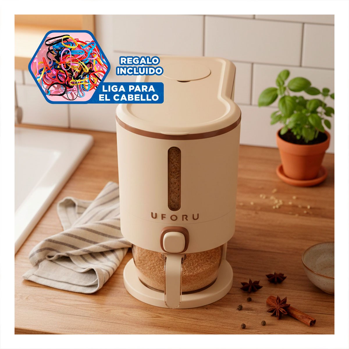DISPENSADOR 5L DE GRANOS DE COLOR CREMA Y MARRON DECORATIVO Y PRÁCTICO YLIGAS REGALO - 2