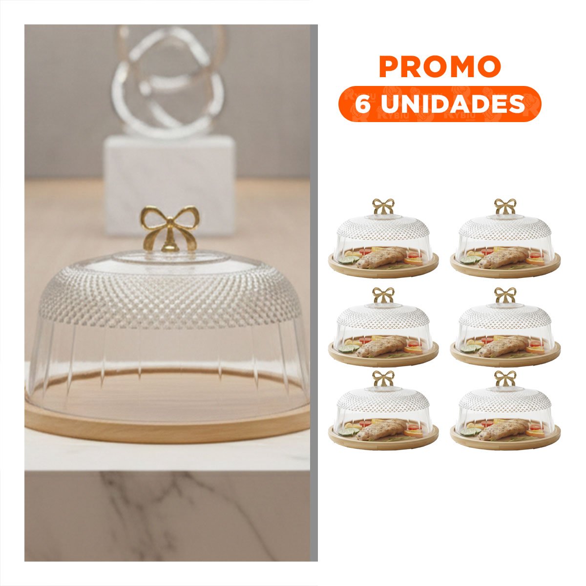 PACK6 SOPORTE CON CUPULA Y LAZO DORADO TRANSPARENTE 31,5X18,5CM PARA COCINA YREGALO STICKER - 1