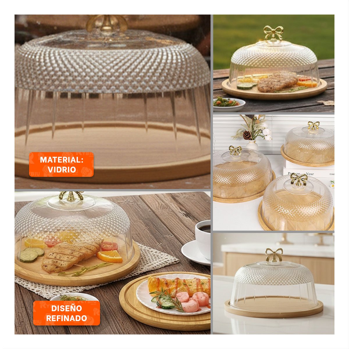 BASE TRANSPARENTE CON CUPULA Y LAZO COLOR DORADO 31,5X18,5CM PARA COCINA YLIGAS REGALO - 1