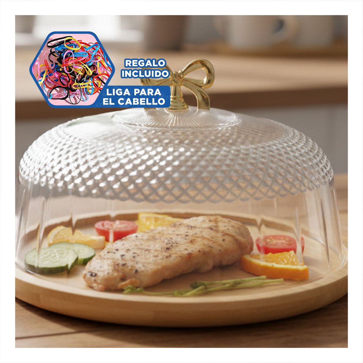 BASE TRANSPARENTE CON CUPULA Y LAZO COLOR DORADO 31,5X18,5CM PARA COCINA YLIGAS REGALO - 2
