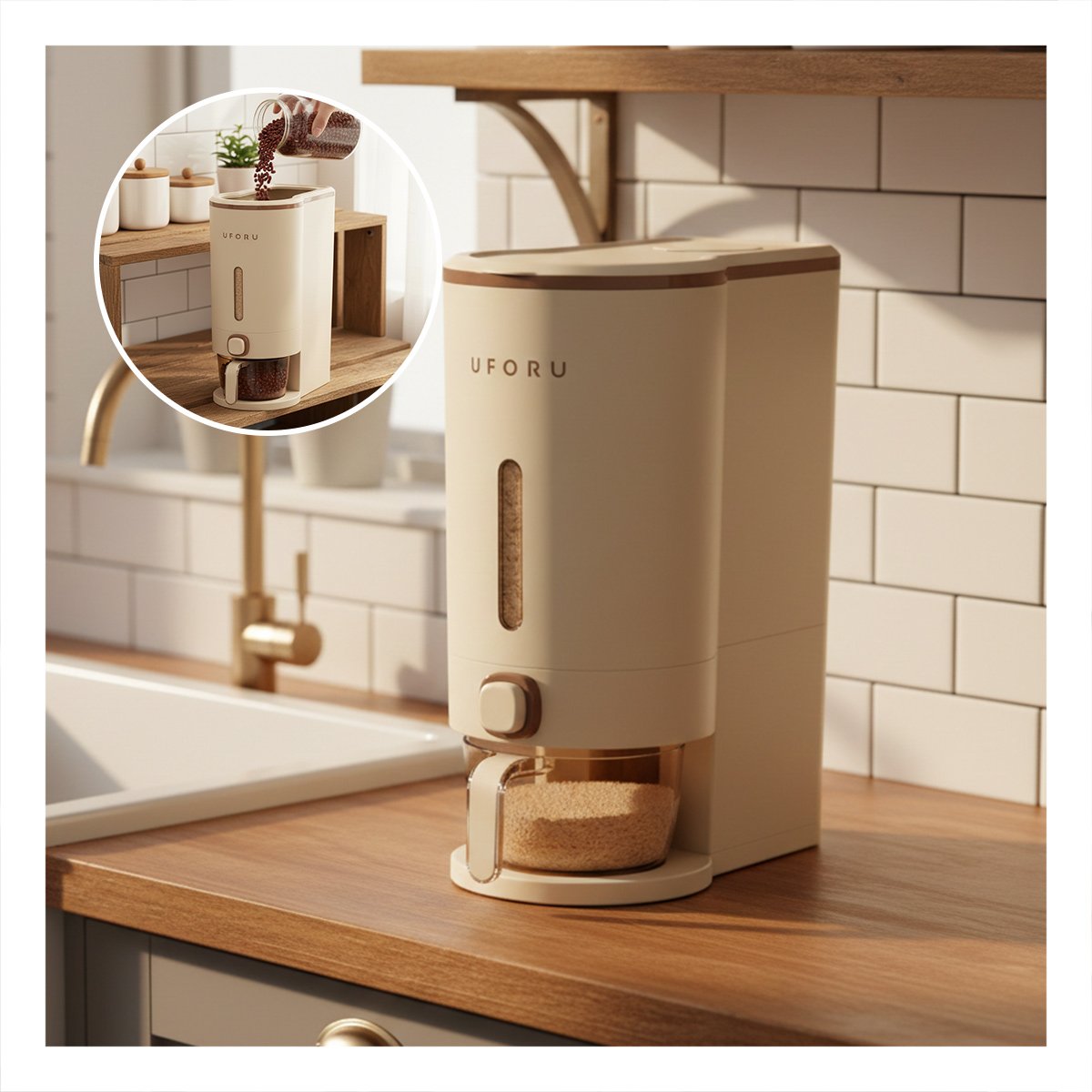 DISPENSADOR DE GRANOS 10L DE COLOR CREMA Y MARRON PARA COCINA Y MESA - 3