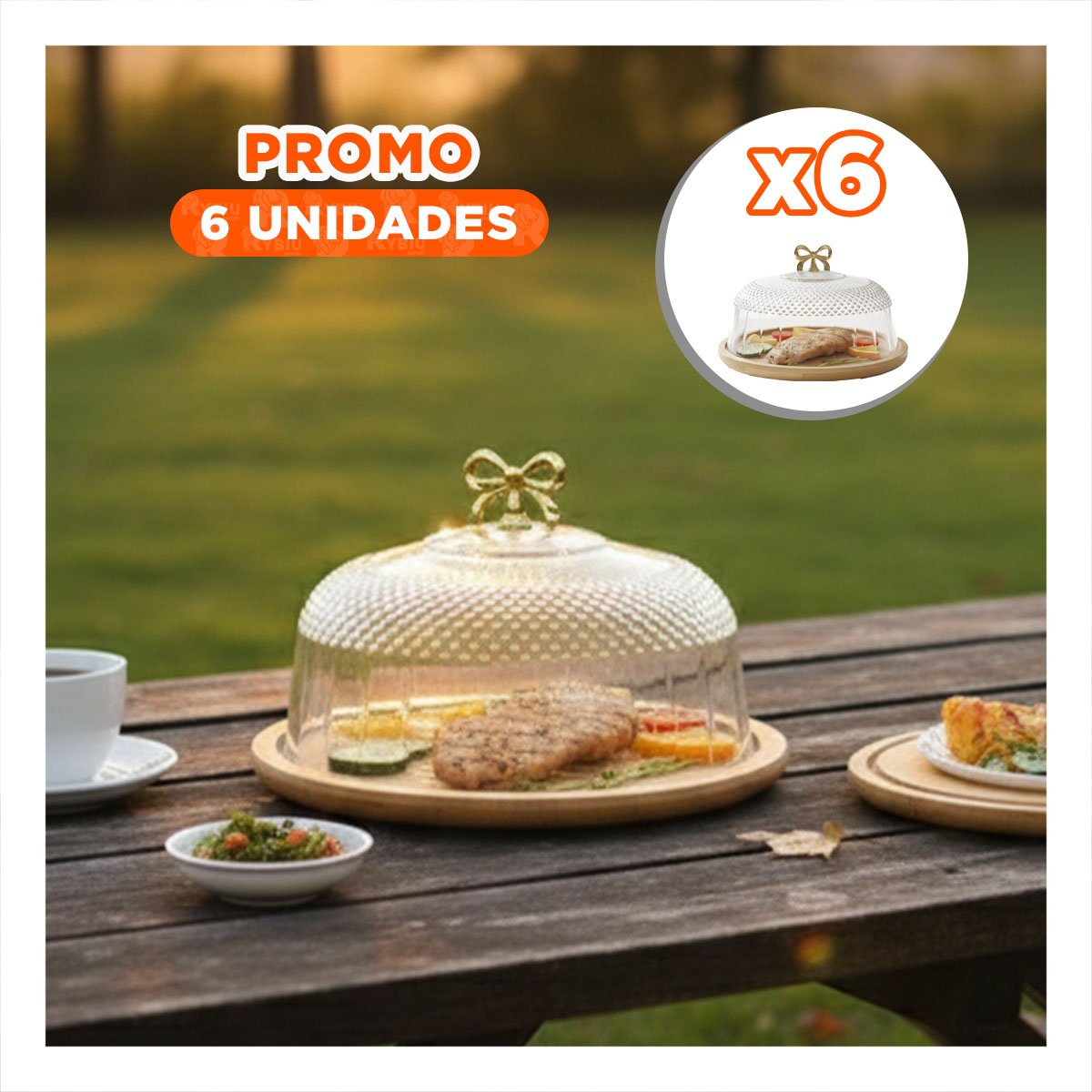 PACK6 SOPORTE CON CUPULA TRANSPARENTE LAZO COLOR DORADO 31,5X18,5CM PARA EXHIBIR - 1