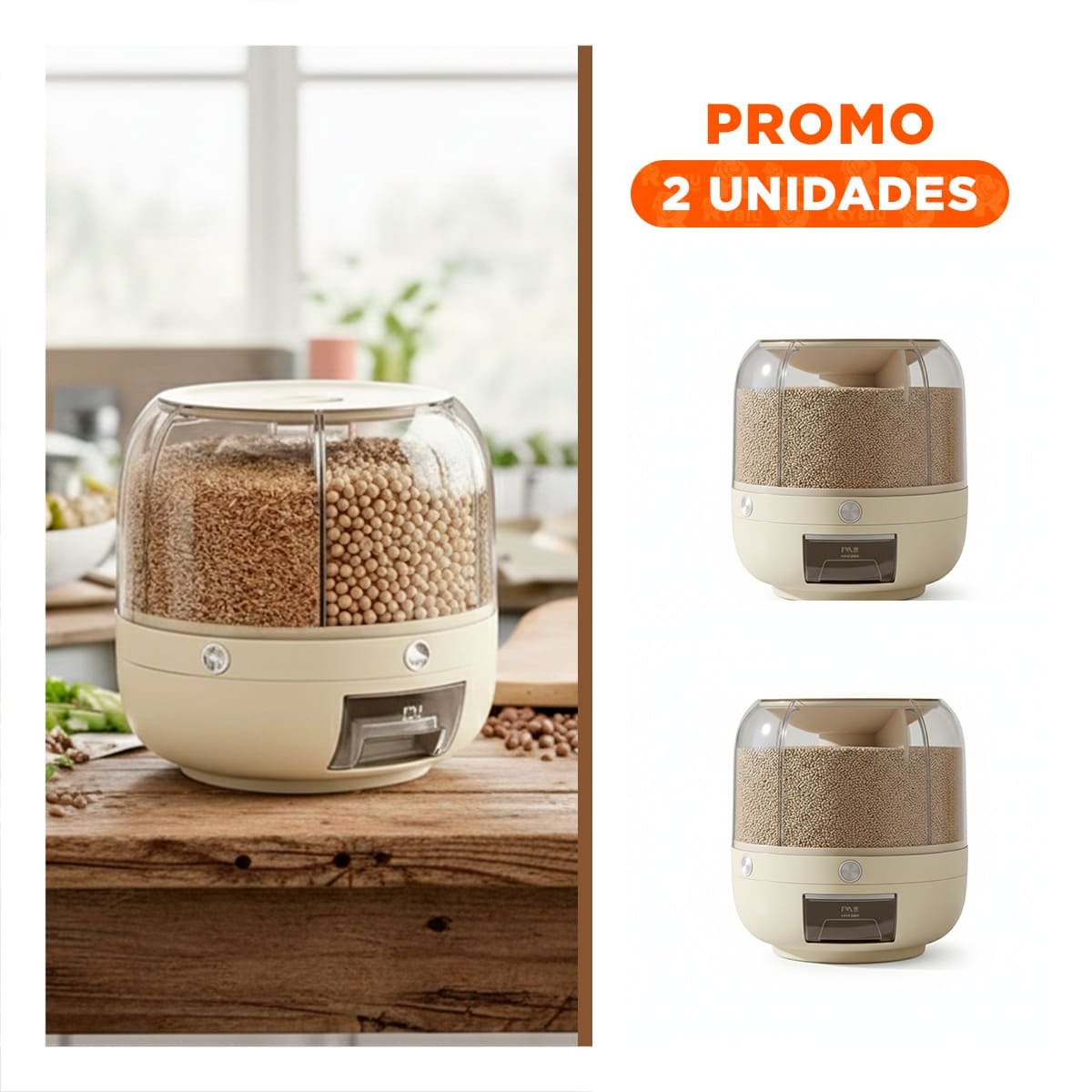 PACK2 RECIPIENTE DE DISPENSADOR DE GRANOS DE 27X27CM CREMA GIRATORIO FUNCIONAL YREGALO STICKER - 1