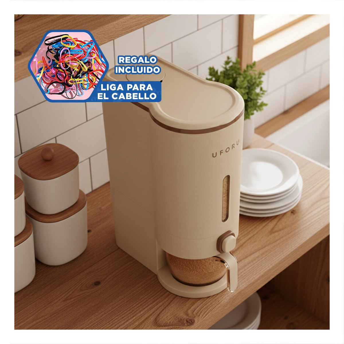 DISPENSADOR 10L DE GRANOS DE COLOR CREMA Y MARRON DECORATIVO Y PRÁCTICO YLIGAS REGALO - 2