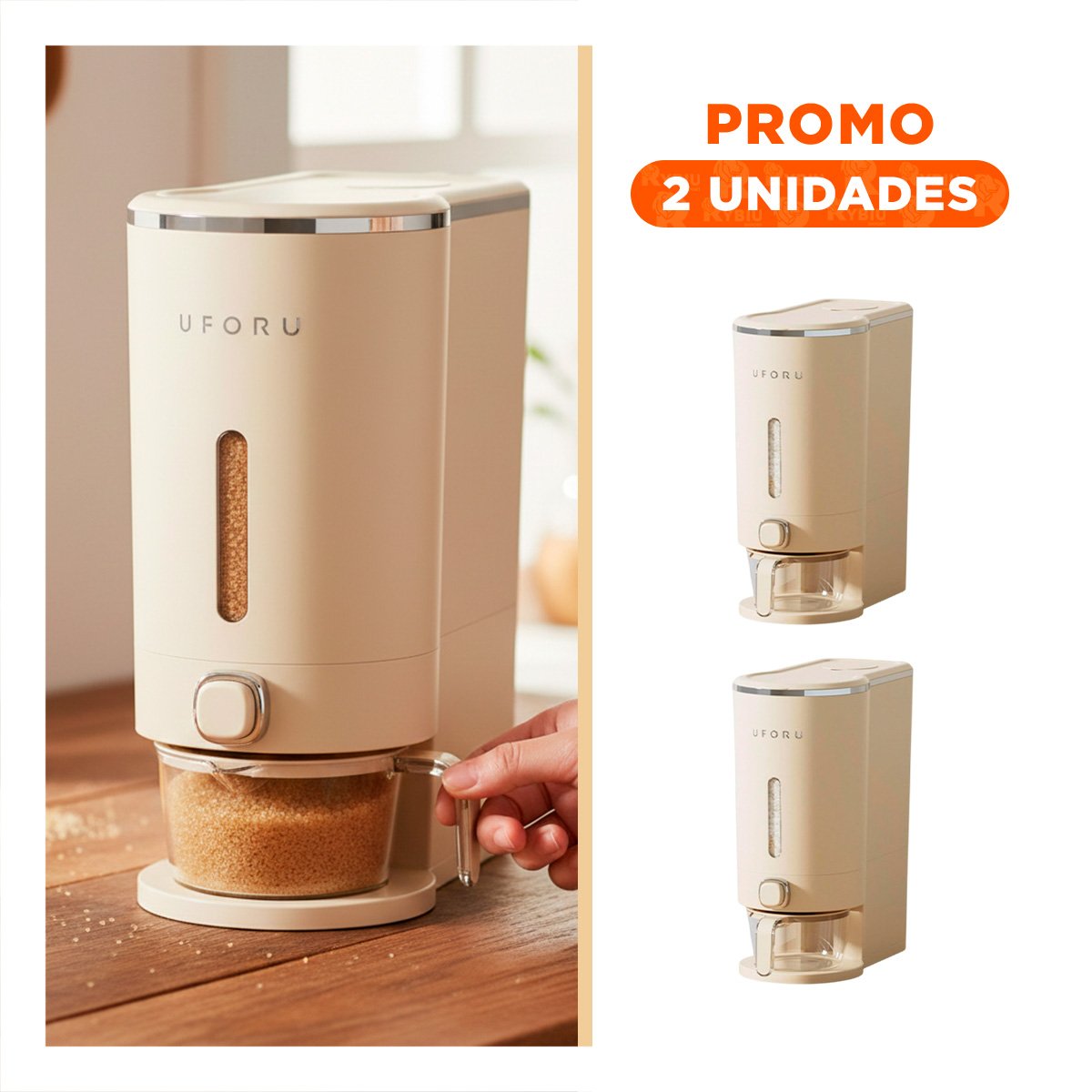 PACK2 RECIPIENTE DE DISPENSADOR DE GRANOS PLATEADO Y CREMA 10L FUNCIONAL YREGALO STICKER - 1