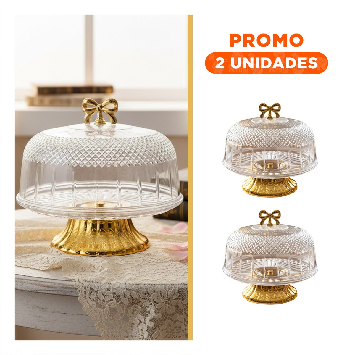 PACK2 TAPA CON CUPULA Y LAZO DORADO TRANSPARENTE 30X24,5CM PARA COCINA YREGALO STICKER - 1