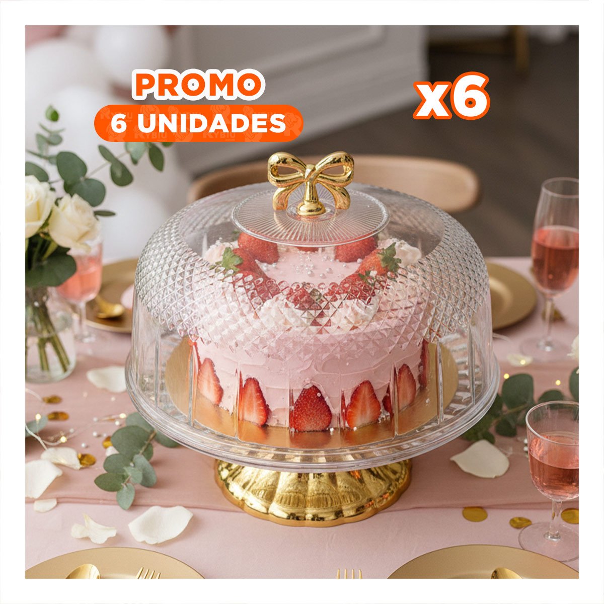 PACK6 CONTENEDOR CON CUPULA TRANSPARENTE LAZO DORADO 33,5X26CM USO DIARIO YPAPEL REGALO - 1