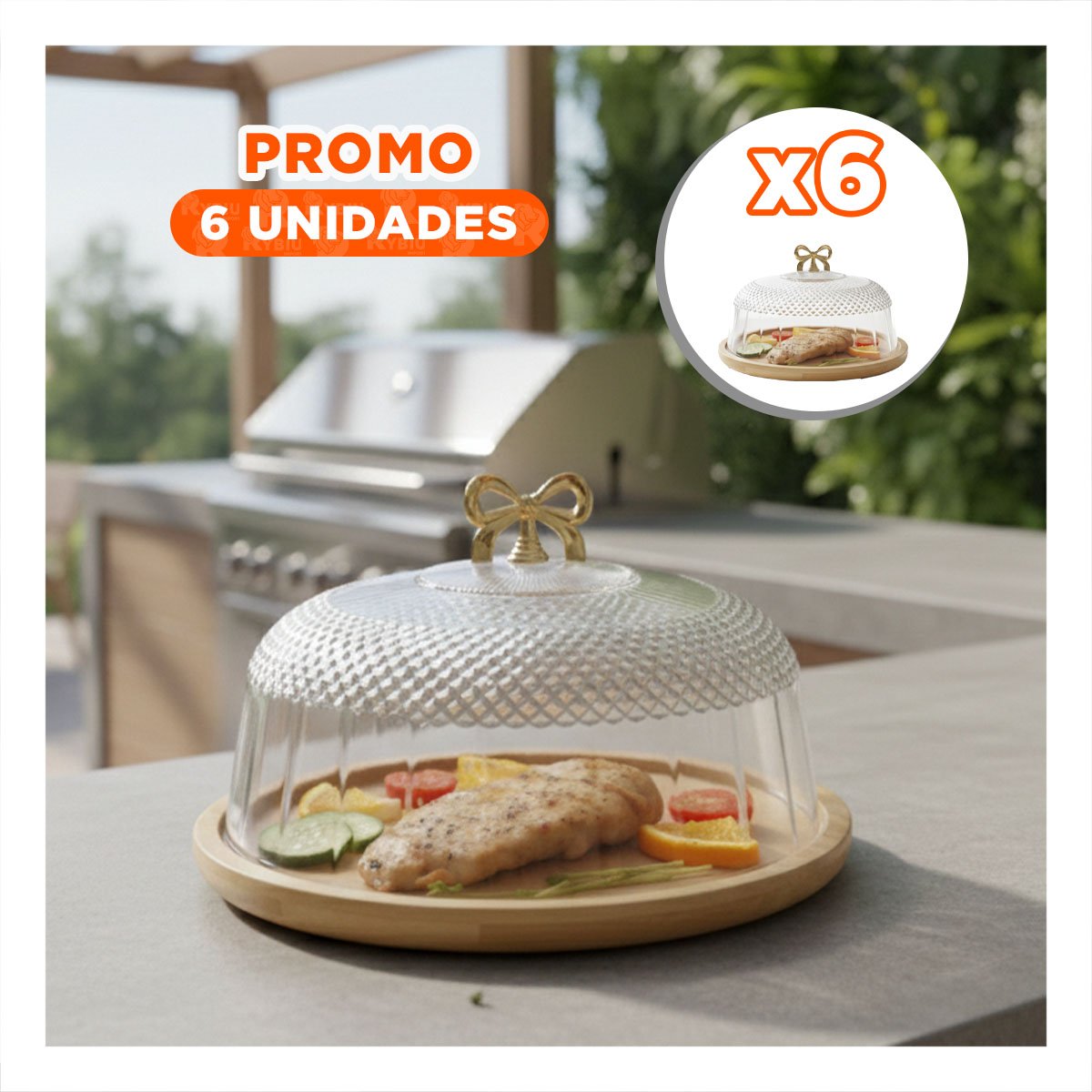 PACK6 SOPORTE CON CUPULA TRANSPARENTE LAZO COLOR DORADO 35,5X18,5CM PARA EXHIBIR - 1