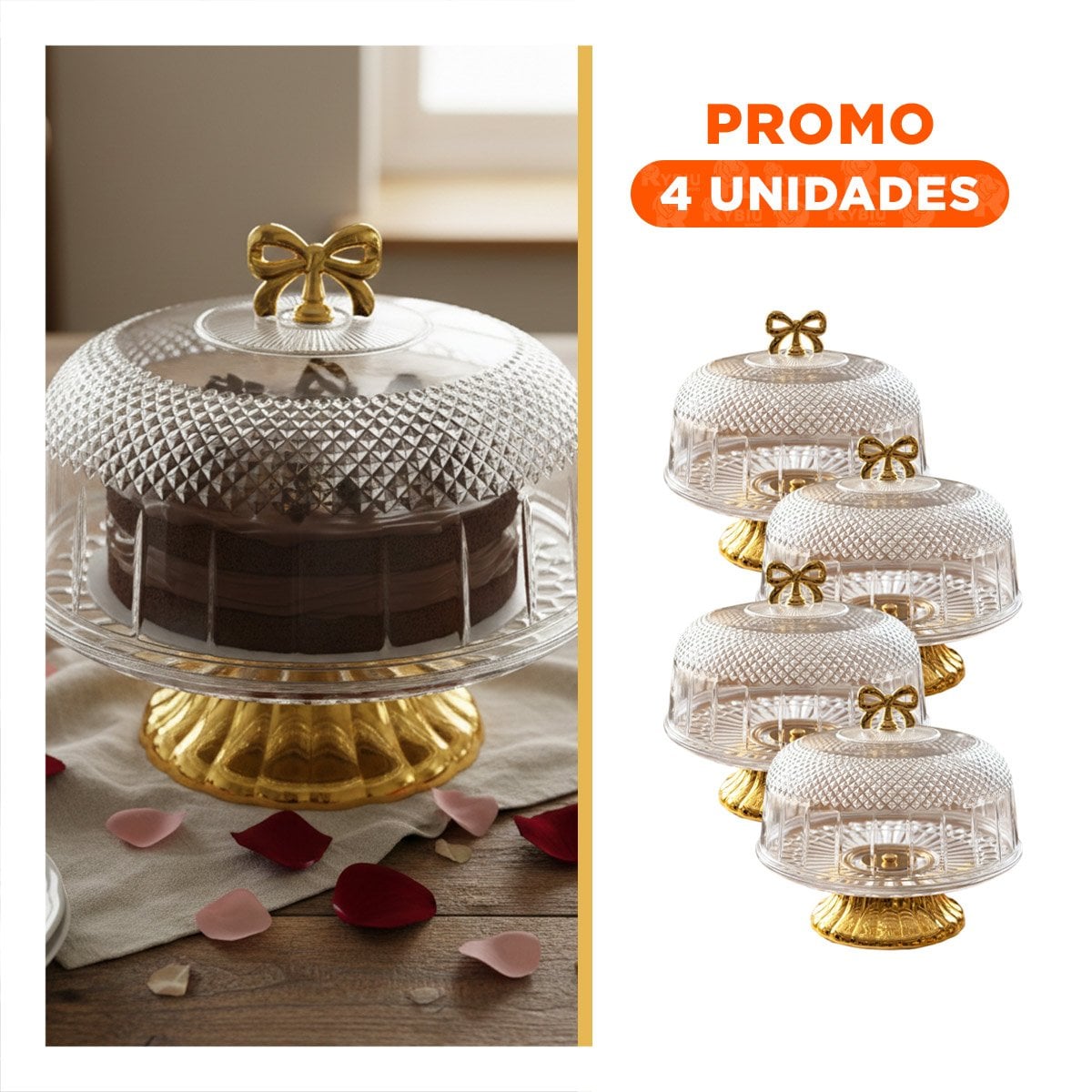 PACK4 RECIPIENTE CON CUPULA Y LAZO DORADO TRANSPARENTE 30X24,5CM PARA MESA - 1
