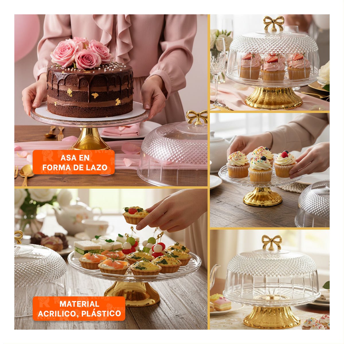 PEDESTAL TRANSPARENTE CON CUPULA Y LAZO DORADO 33,5X26CM PARA COCINA YLIGAS REGALO - 1