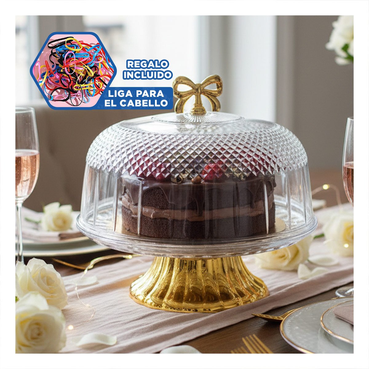 PEDESTAL TRANSPARENTE CON CUPULA Y LAZO DORADO 33,5X26CM PARA COCINA YLIGAS REGALO - 2