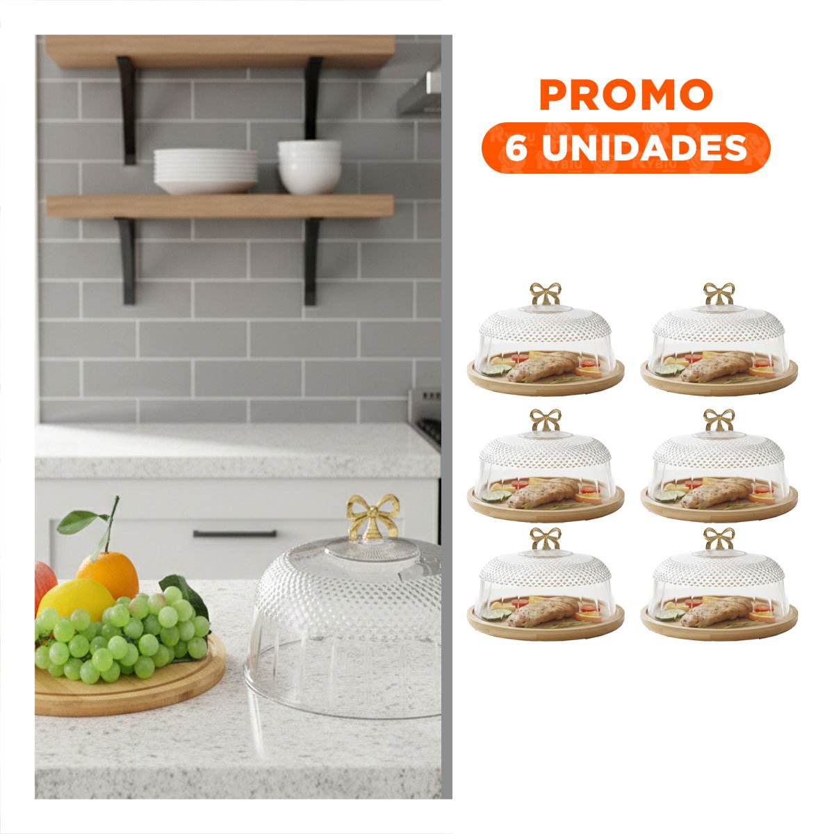 PACK6 SOPORTE CON CUPULA Y LAZO DORADO TRANSPARENTE 35,5X18,5CM PARA COCINA YREGALO STICKER - 1