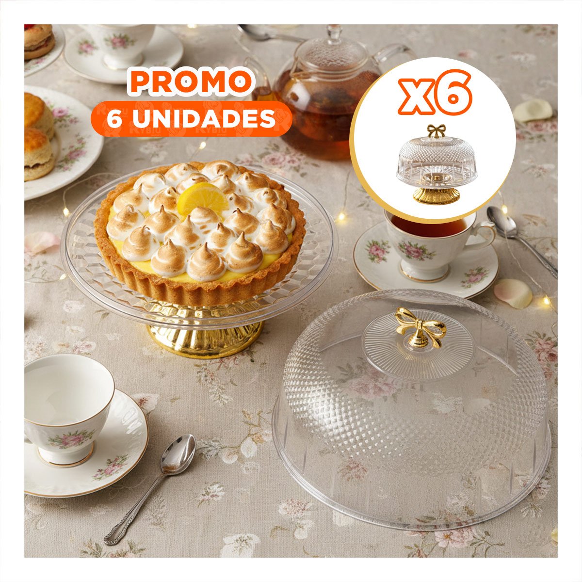 PACK6 CONTENEDOR TRANSPARENTE CON CUPULA Y LAZO DORADO 30X24,5CM PARA COCINA - 1