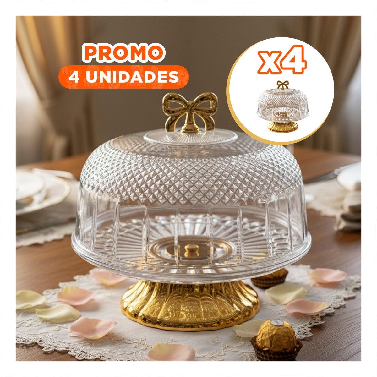 PACK4 RECIPIENTE CON CUPULA LAZO DORADO TRANSPARENTE 33,5X26CM USO DIARIO YREGALO STICKER - 1
