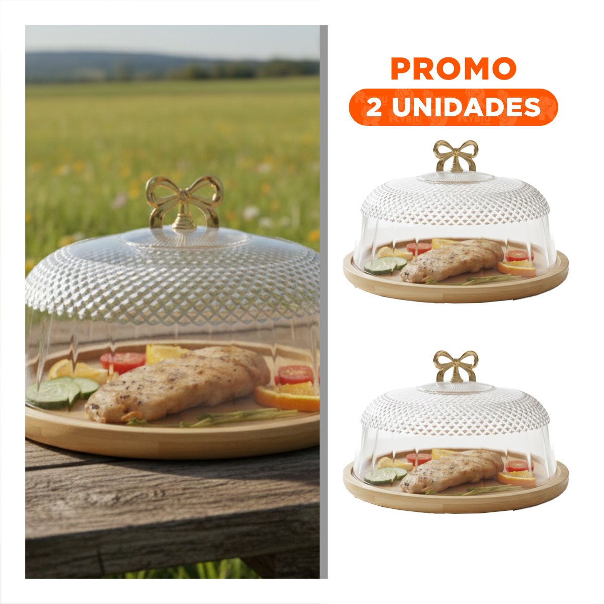 PACK2 CONTENEDOR CON CUPULA Y LAZO DORADO TRANSPARENTE 35,5X18,5CM PARA MESA YREGALO STICKER - 1