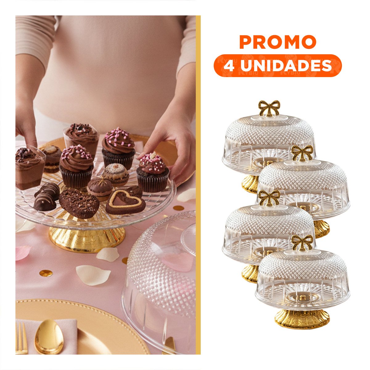 PACK4 RECIPIENTE CON CUPULA Y LAZO DORADO TRANSPARENTE 33,5X26CM PARA MESA - 1