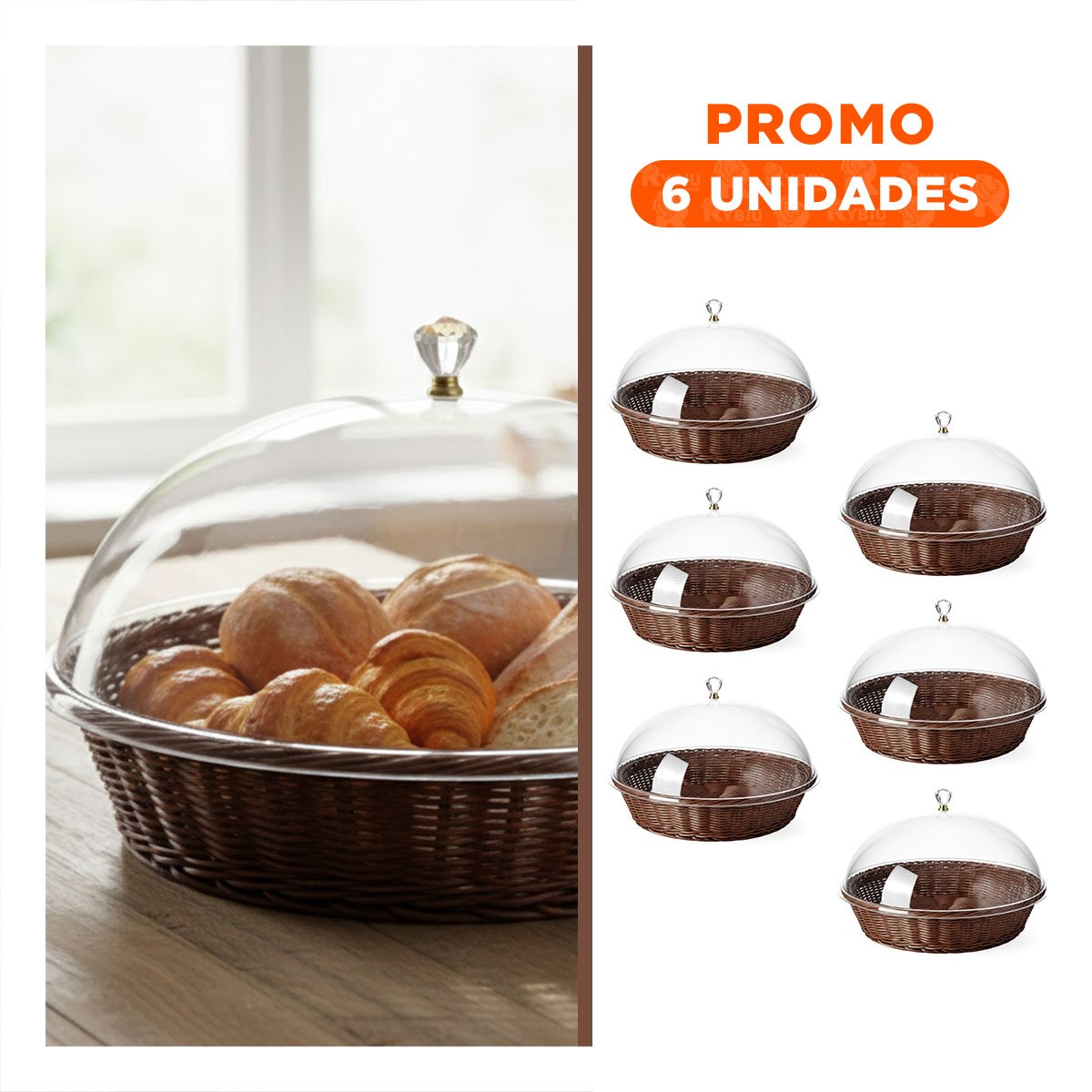 PACK6 CESTA TEJIDA CON CUPULA COLOR MARRON DE PLASTICO 31X23CM PARA MESA YREGALO STICKER - 1
