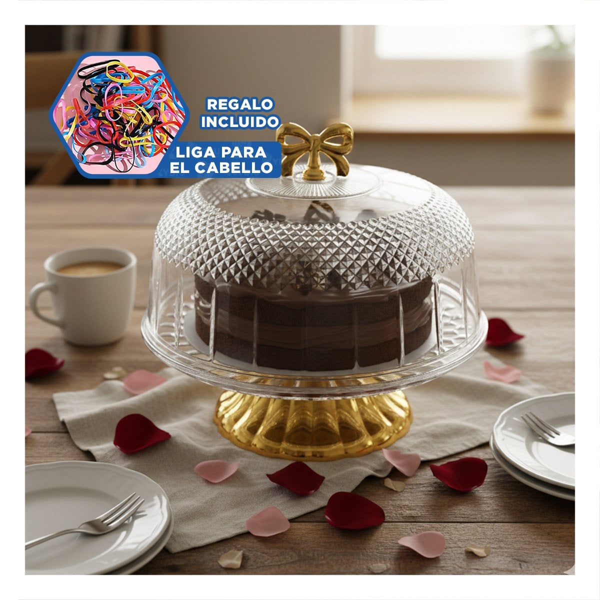 PEDESTAL TRANSPARENTE CON CUPULA Y LAZO DORADO 30X24,5CM PARA COCINA YLIGAS REGALO - 2