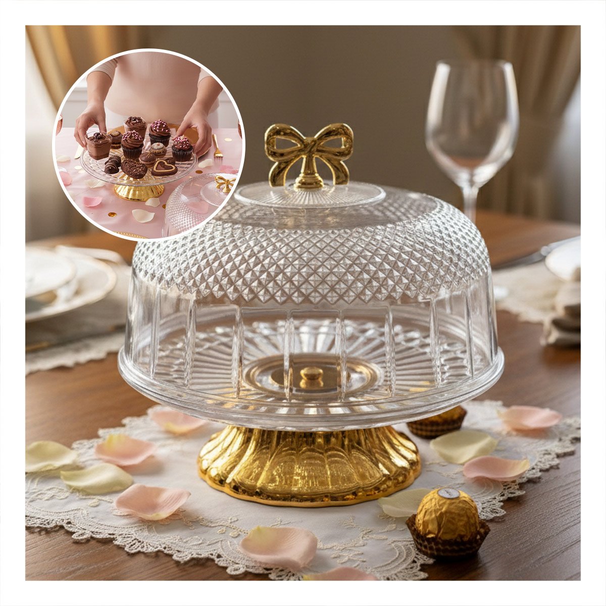 PACK6 CONTENEDOR TRANSPARENTE CON CUPULA Y LAZO DORADO 33,5X26CM PARA COCINA - 2