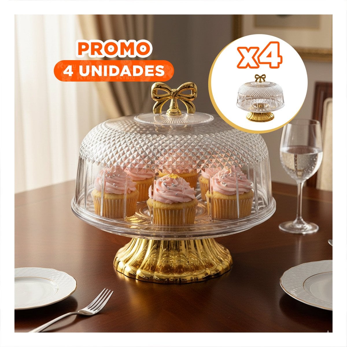 PACK4 RECIPIENTE TRANSPARENTE CON CUPULA Y LAZO DORADO 30X24,5CM DECORATIVA YPAPEL REGALO - 1