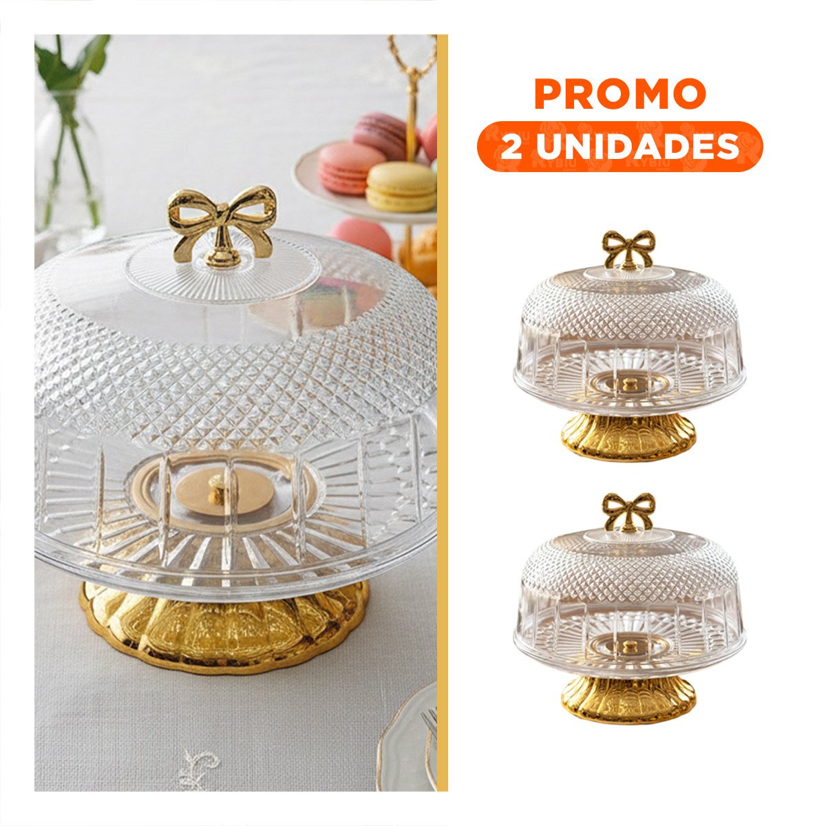 PACK2 TAPA CON CUPULA Y LAZO DORADO TRANSPARENTE 33,5X26CM PARA COCINA YREGALO STICKER - 1