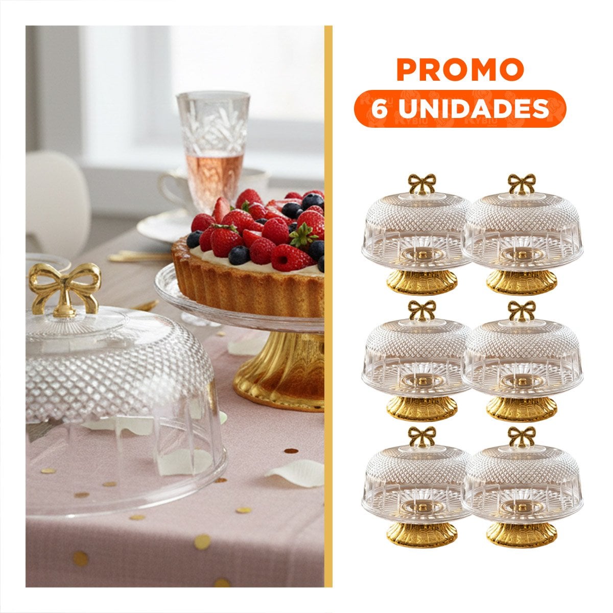 PACK6 CONTENEDOR 33,5X26CM CUPULA TRANSPARENTE Y LAZO DORADO PARA HOGAR YREGALO STICKER - 1