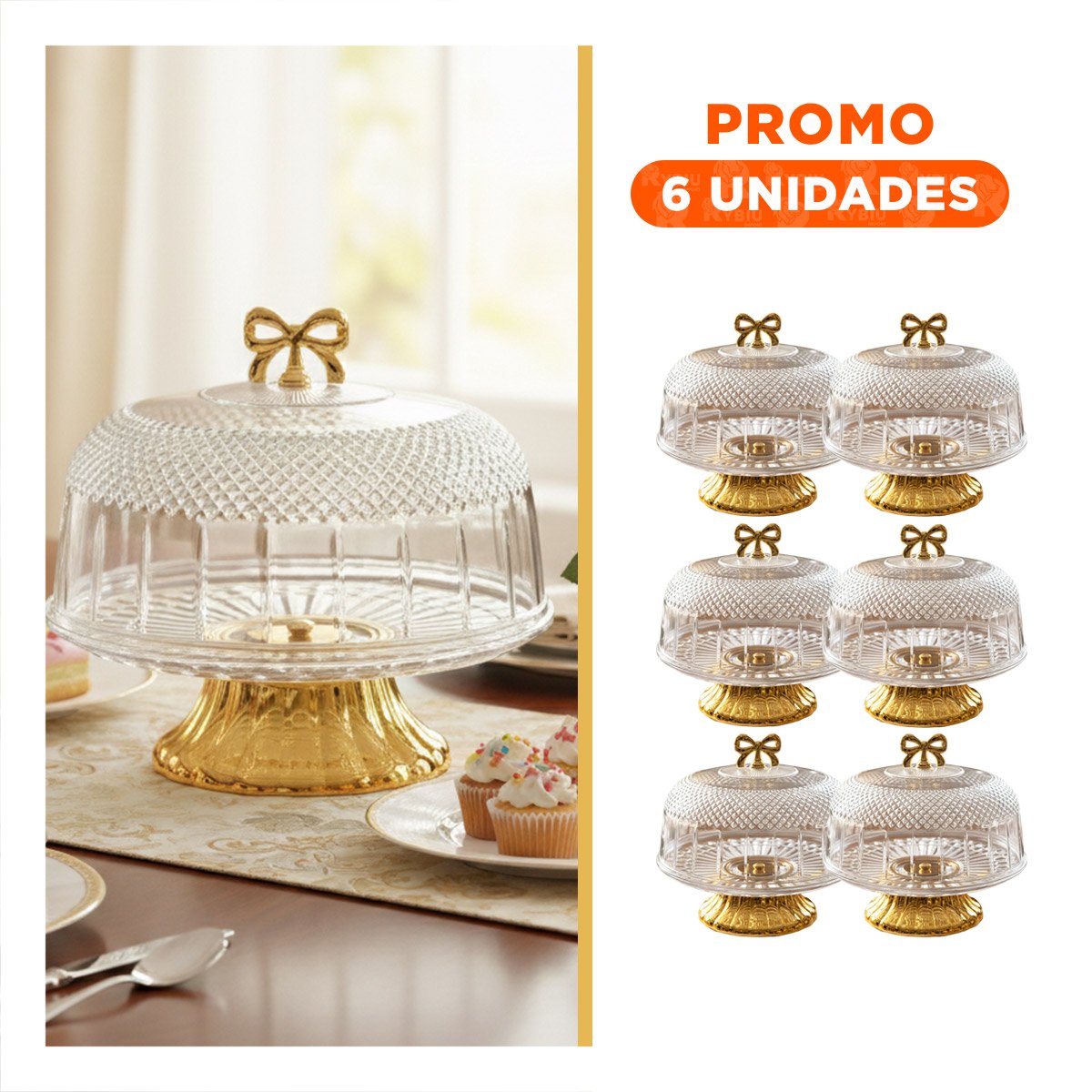 PACK6 CONTENEDOR 30X24,5CM CUPULA TRANSPARENTE Y LAZO DORADO PARA HOGAR YREGALO STICKER - 1
