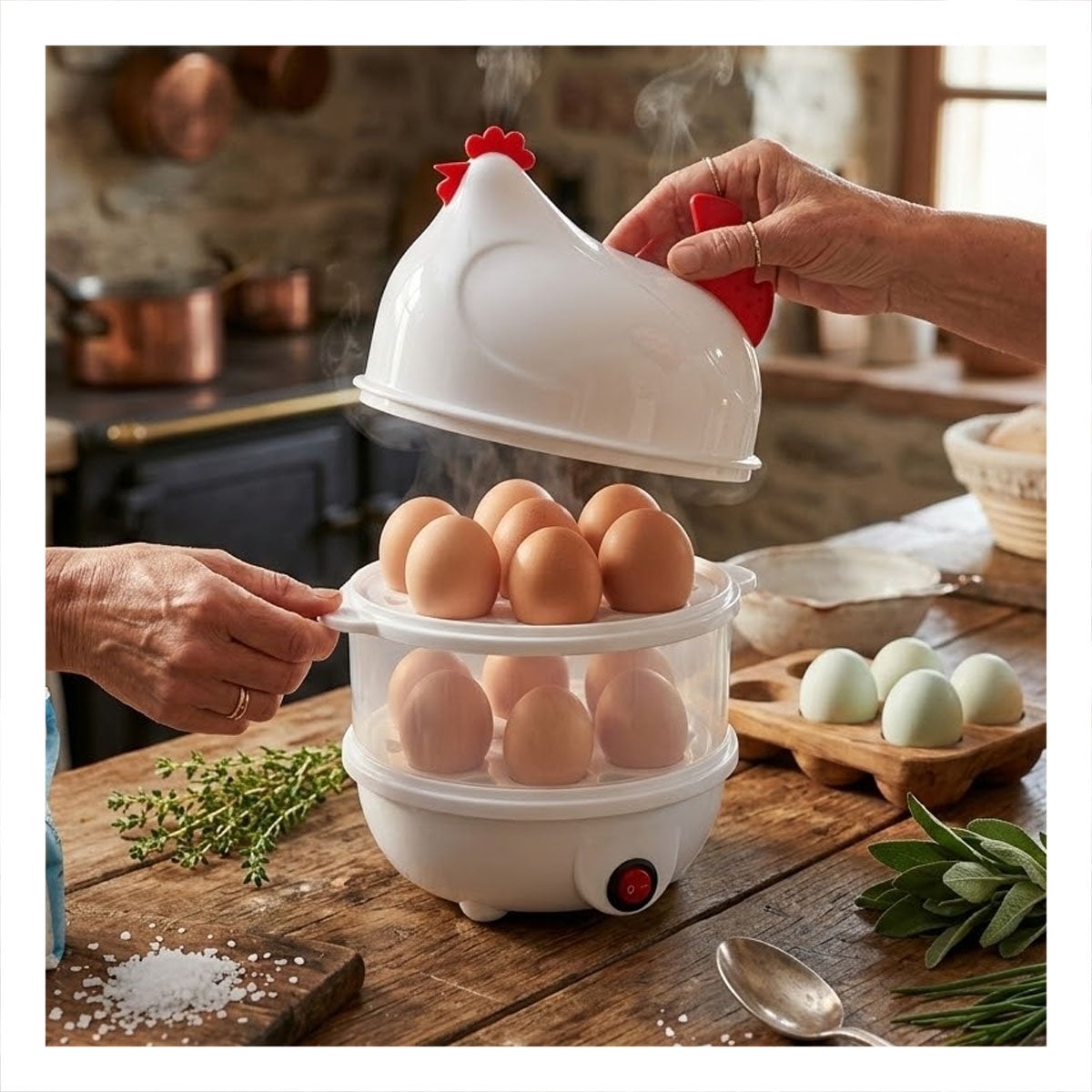 COCEDOR DE HUEVOS ELECTRICO 2 NIVELES BLANCO PARA COCINA PRACTICA EN CASA - 1