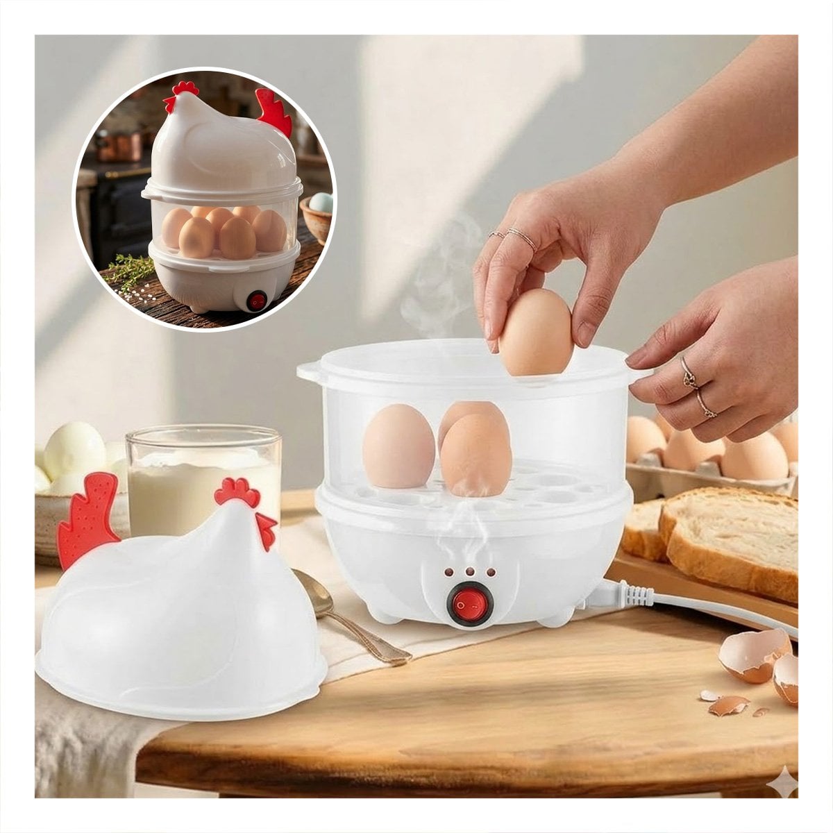 COCEDOR DE HUEVOS ELECTRICO 2 NIVELES BLANCO PARA COCINA PRACTICA EN CASA - 3