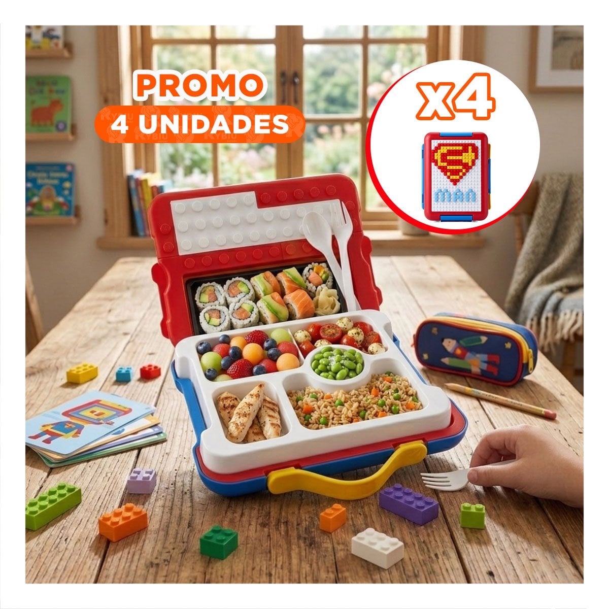 PACK4 PORTATIL COMPACTO ROJO CON 4 DIVISIONES PARA SNACKS Y ALMUERZO SALUDABLE YPAPEL REGALO - 1
