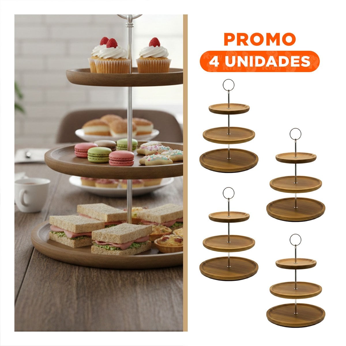 PACK4 BASE CIRCULAR 3 NIVELES MARRON DE MADERA EXHIBIDOR COCINA Y HOGAR DIARIO - 1