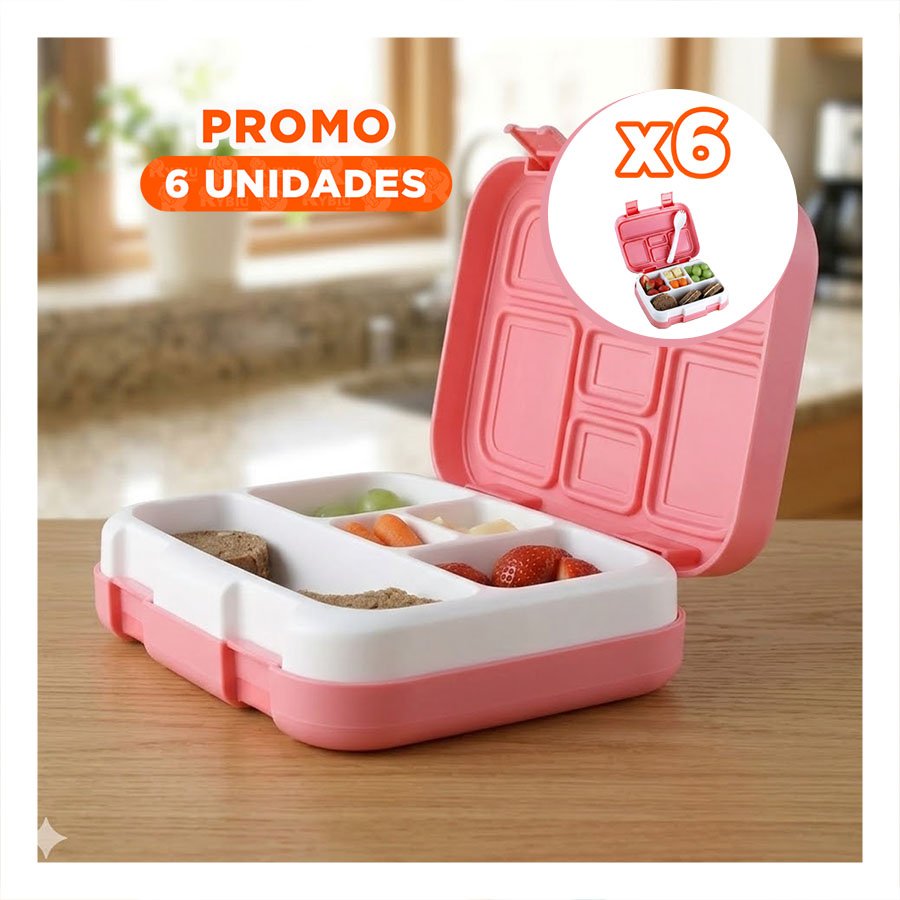 PACK6 KIT PORTATIL BENTO 5 DIVISIONES ROSADO PARA ALMUERZOS ORGANIZADOS - 1