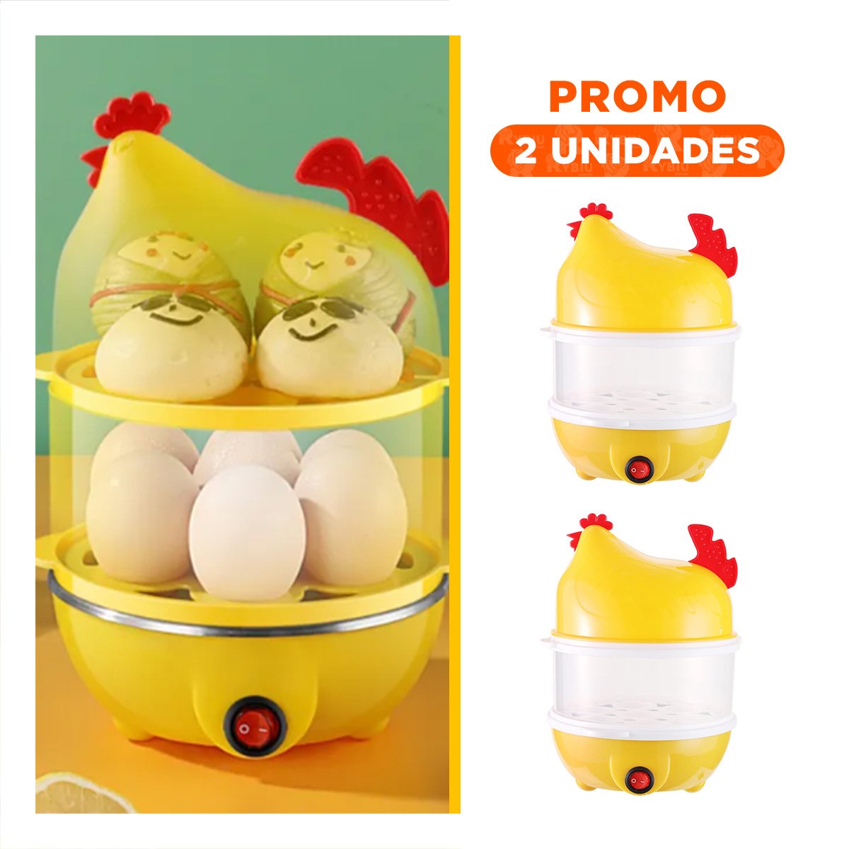 PACK2 EQUIPO COMPACTO PARA HUEVOS DOS NIVELES AMARILLO USO DIARIO YREGALO STICKER - 1