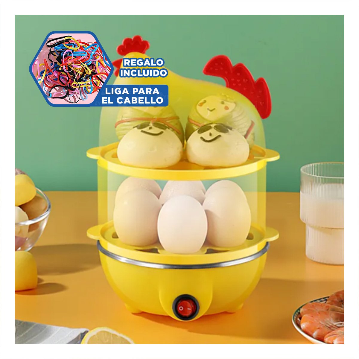 GALLINA EQUIPO PARA COCER HUEVOS DOS NIVELES AMARILLO FUNCIONAL COCINA HOGAR YLIGAS REGALO - 2