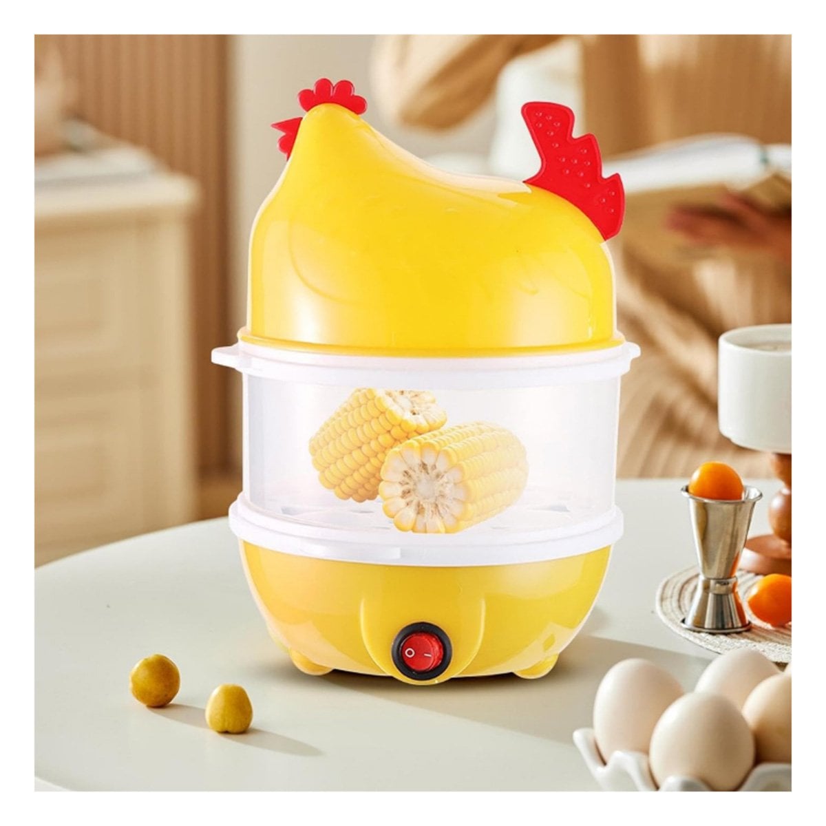 GALLINA HERVIDORA DE HUEVOS DOS NIVELES AMARILLO PARA COCINA HOGAR - 1