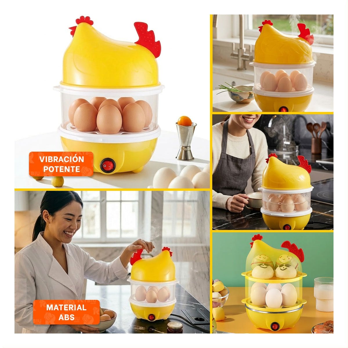 GALLINA HERVIDORA DE HUEVOS DOS NIVELES AMARILLO PARA COCINA HOGAR - 2