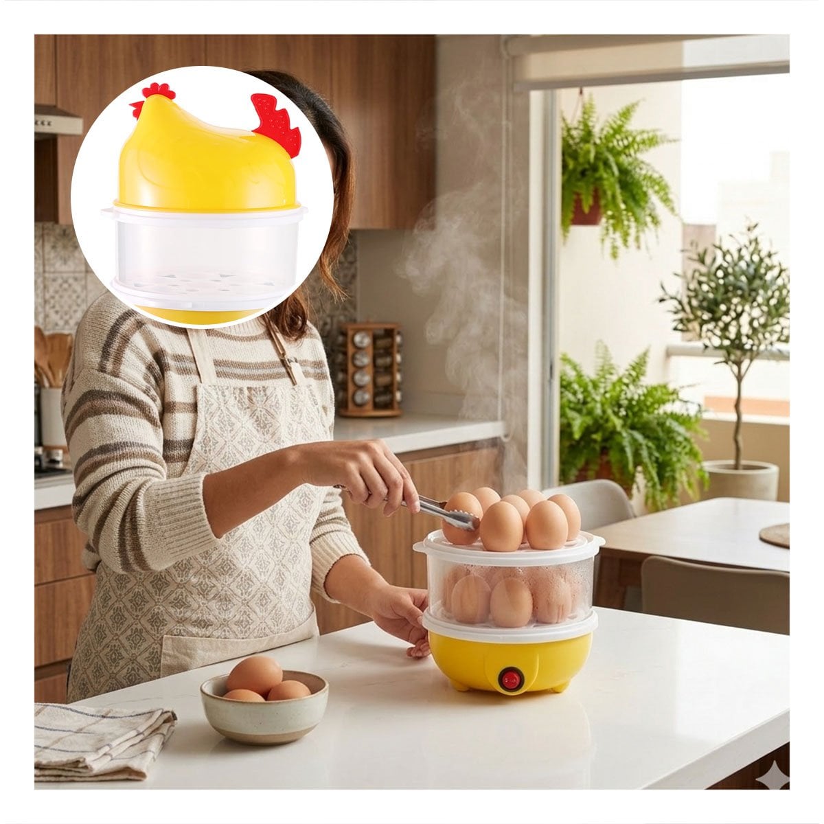 GALLINA HERVIDORA DE HUEVOS DOS NIVELES AMARILLO PARA COCINA HOGAR - 3