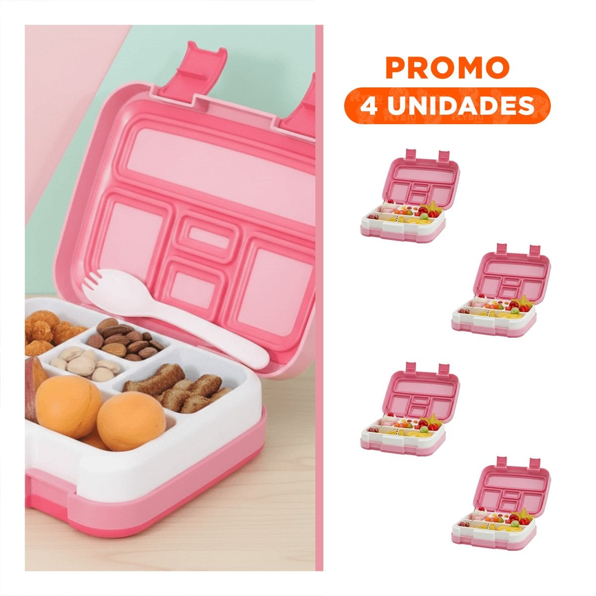 PACK4 ESTUCHE RESISTENTE BENTO 5 DIVISIONES ROSADO PARA COMIDA DIARIA - 1