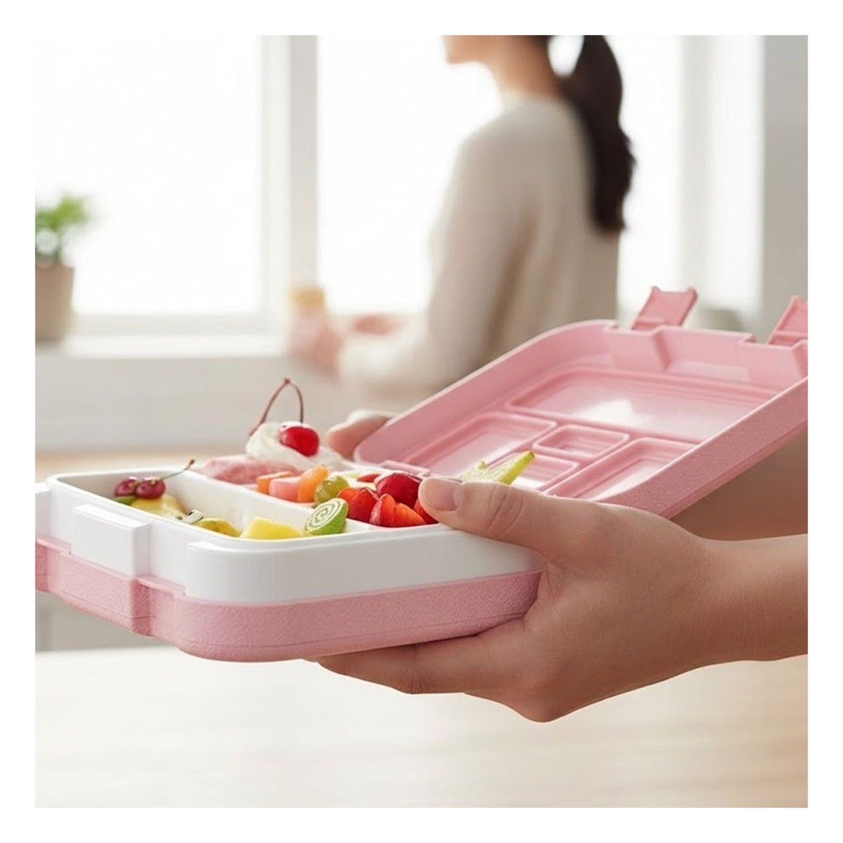 PACK4 ESTUCHE RESISTENTE BENTO 5 DIVISIONES ROSADO PARA COMIDA DIARIA - 2